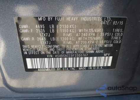 2015 Subaru Outback 2.5I Premium from USA, damaged, VIN 4S4BSACC0F3300767